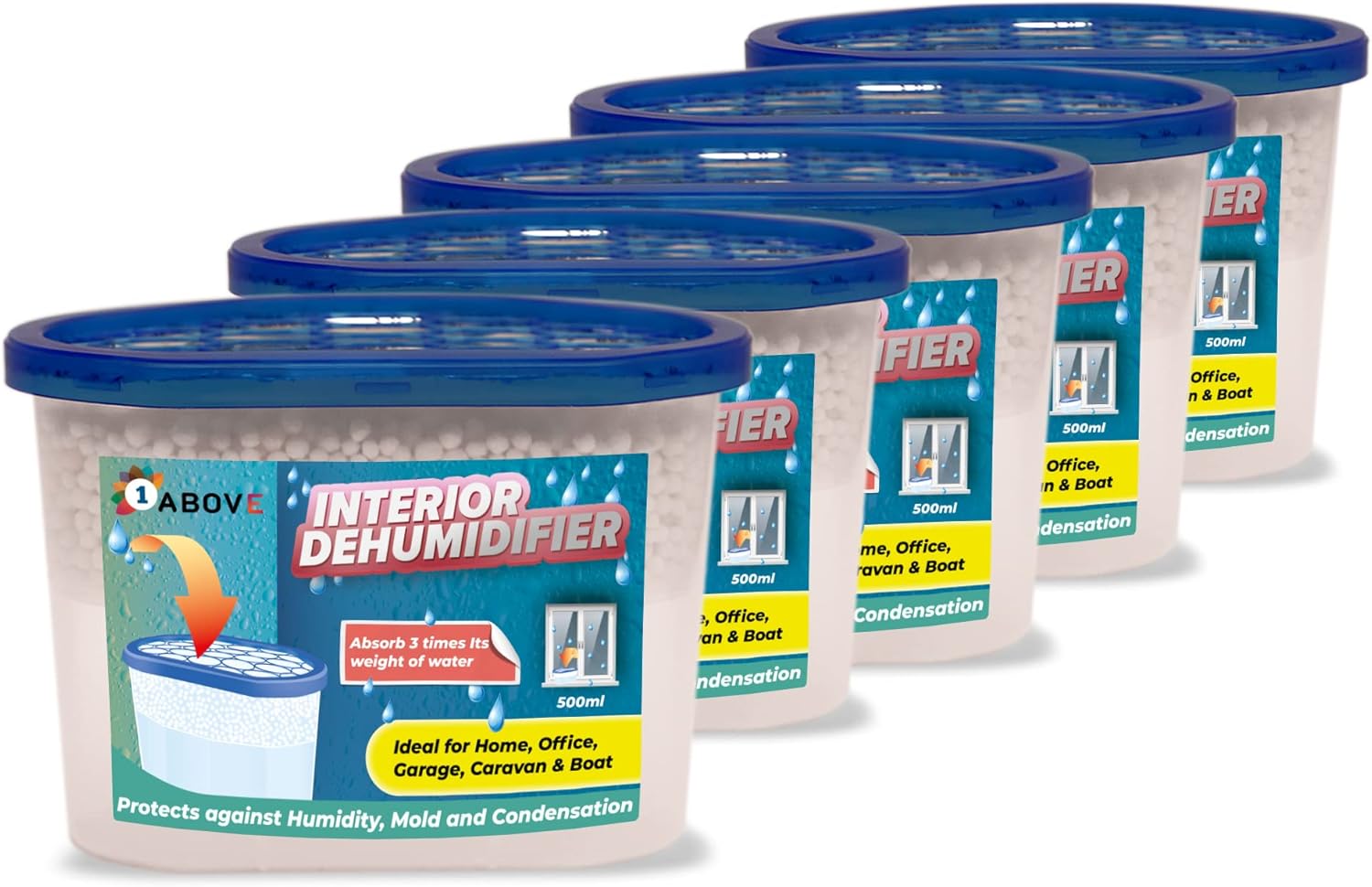 1ABOVE Dehumidifier 500ml Pack of 5 | Condensation Remover Moisture Absorber, Dehumidifiers for Damp, Mould, Moisture in Home, Kitchen, Wardrobe, Bedroom, Caravan, Office, Garage, Basement