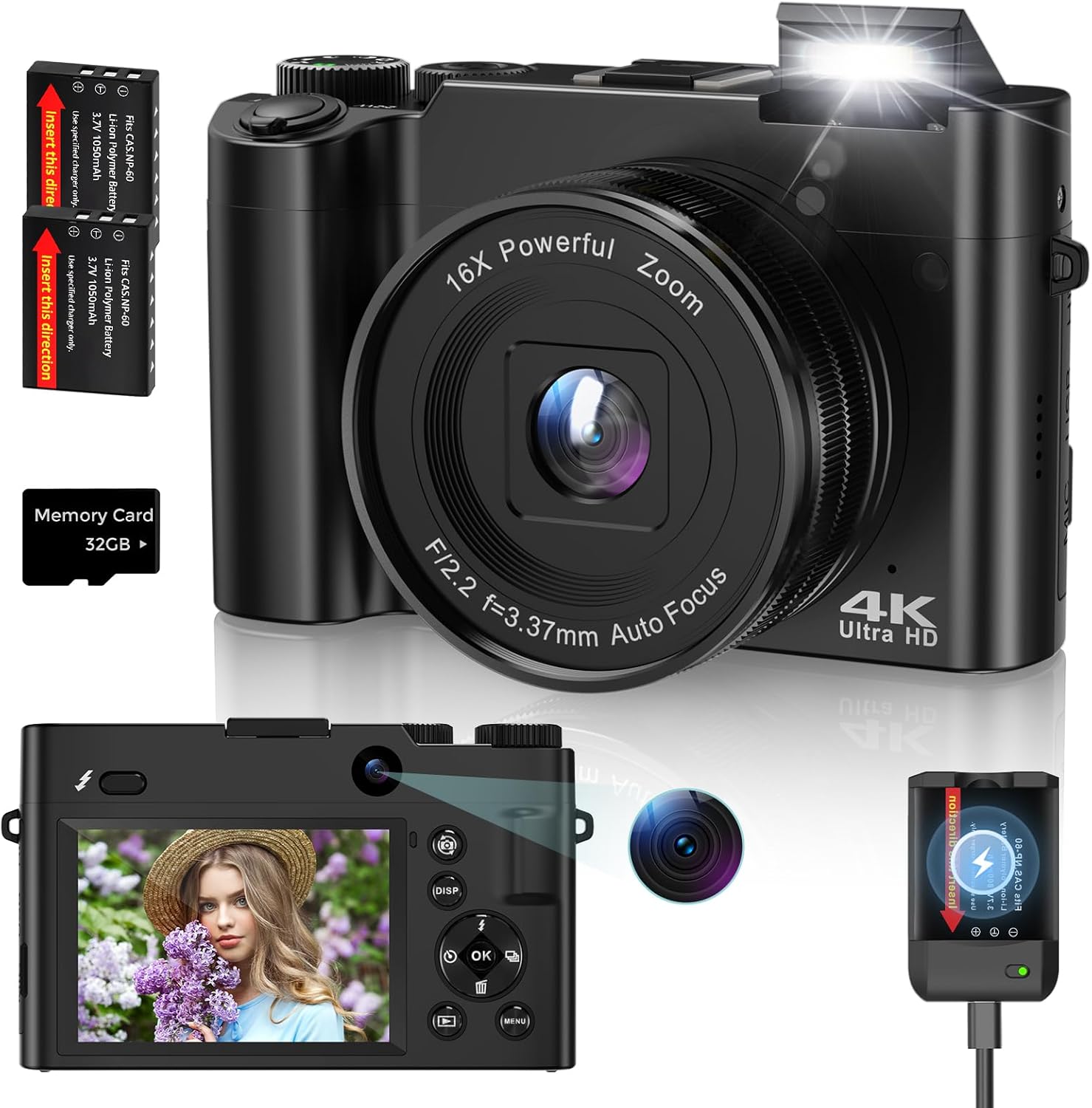 Digital Camera,4K 64MP Dual Photo Camera Autofocus with 16X Digital Zoom Anti-Shake 2 Batteries & Charger, Vlogging Camera with 32GB Memory Card, Compact Digital Camera for Teenagers, Beginners