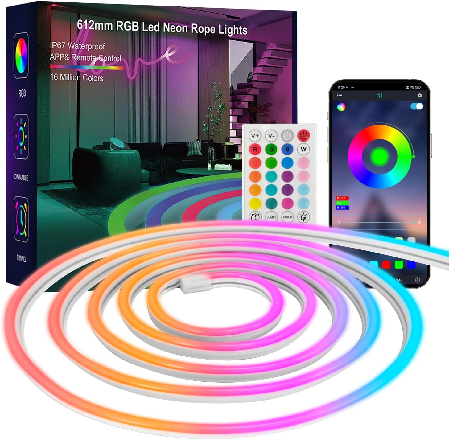 Neon Rope Lights, 20FT RGB Led Strip Lights, Waterproof IP67, DIY Design, Music Sync, 44 Keys Remote Control, Multiple Modes,for Living Room, Bedroom, Holiday Decoration