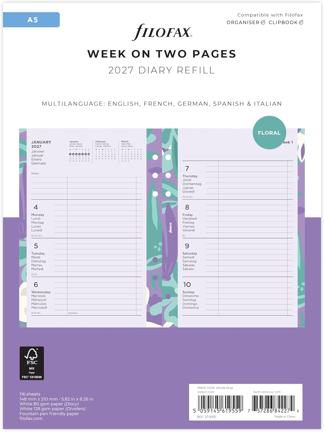 Filofax A5 Illustrated Floral Week on 2 Pages 2027 Diary Pack 27-6351