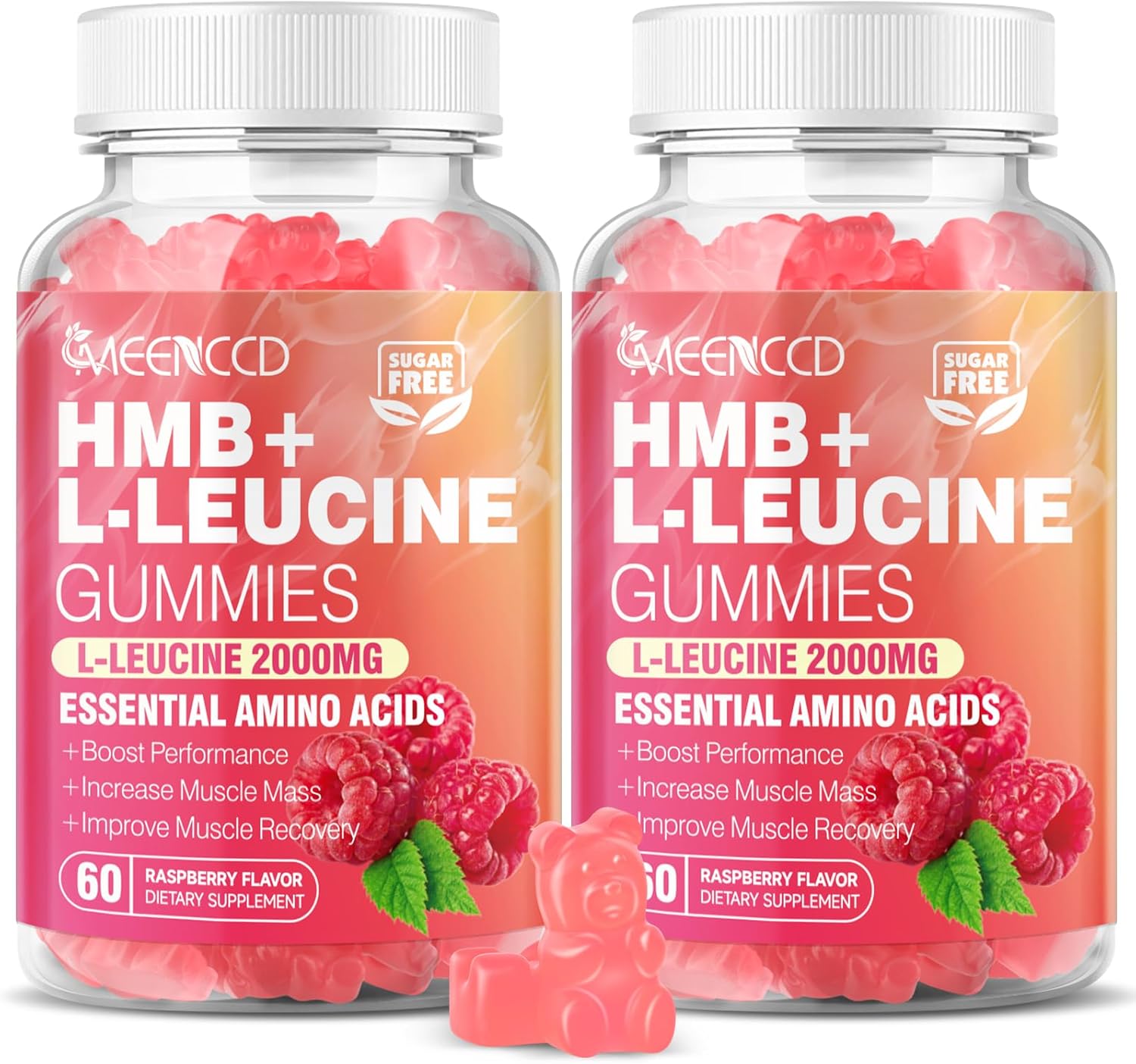 2 Pack HMB and L-Leucine Gummies, 3000mg HMB and Leucine Amino Acid for Muscle Growth, Muscle Mass, Muscle Relief, and Fast Workout Recovery, for Men & Women, Sugar-Free, Raspberry Flavor, 120 Count