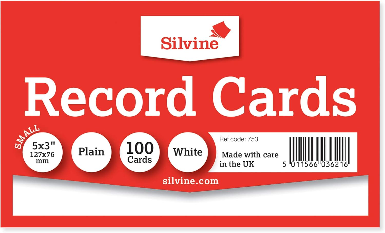Silvine 5x3 White Record Cards - Plain, 100 Cards Per Pack. Ref 753 (127 x 76mm)
