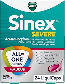 Vicks Sinex SEVERE, All-In-One Sinus + Mucus Relief, Non-Drowsy, Loosens Mucus, Maximum Strength Relief of Pain, Pressure, Congestion, & Headache Relief, 24 LiquiCaps