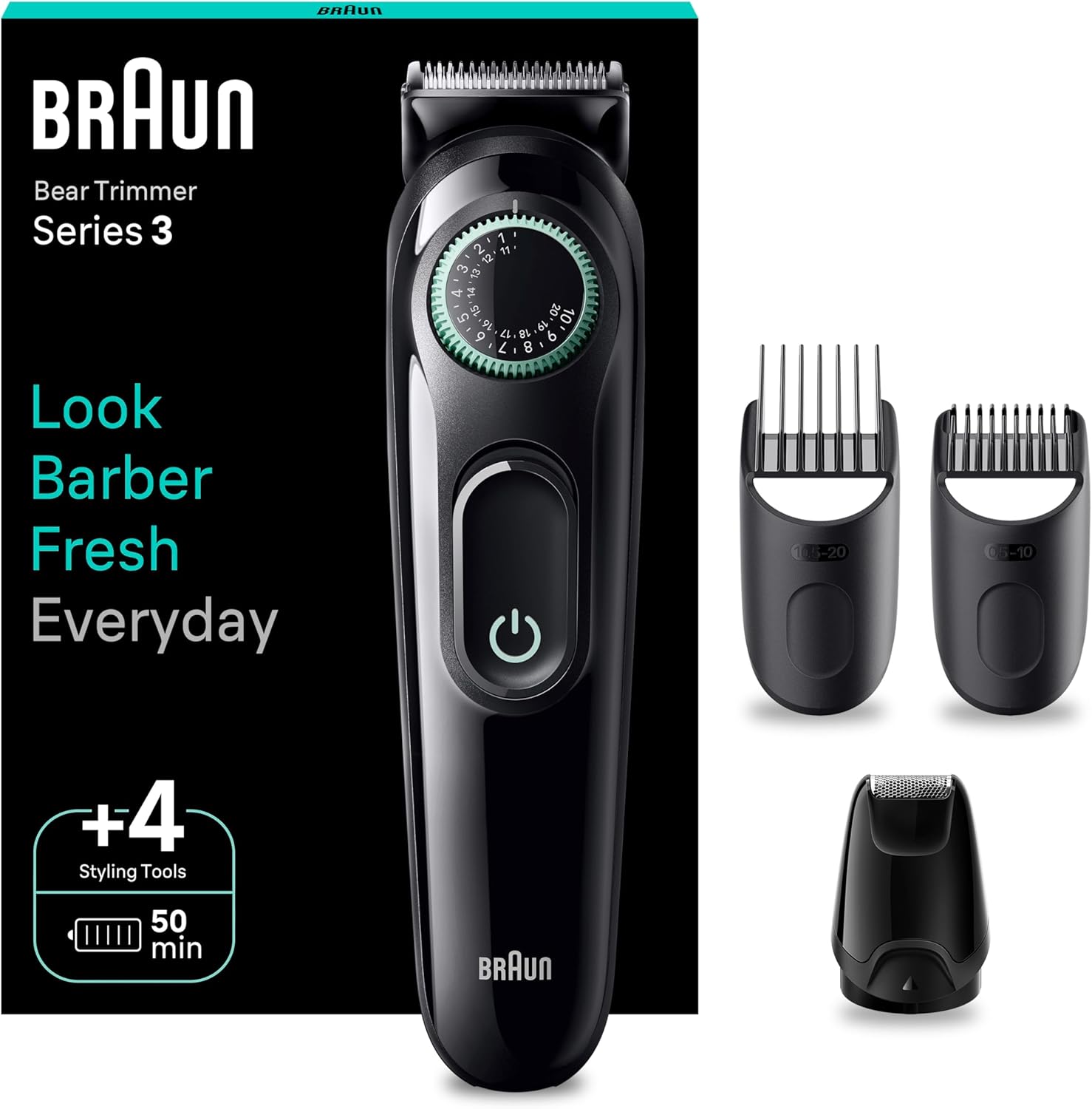 Braun Beard Trimmer Series 3 & Hair Clippers, 40 Length Settings, Rechargeable 50-min Cordless Runtime, Gifts for Men, UK 2 Pin Plug, BT3421, Black/Vibrant Green