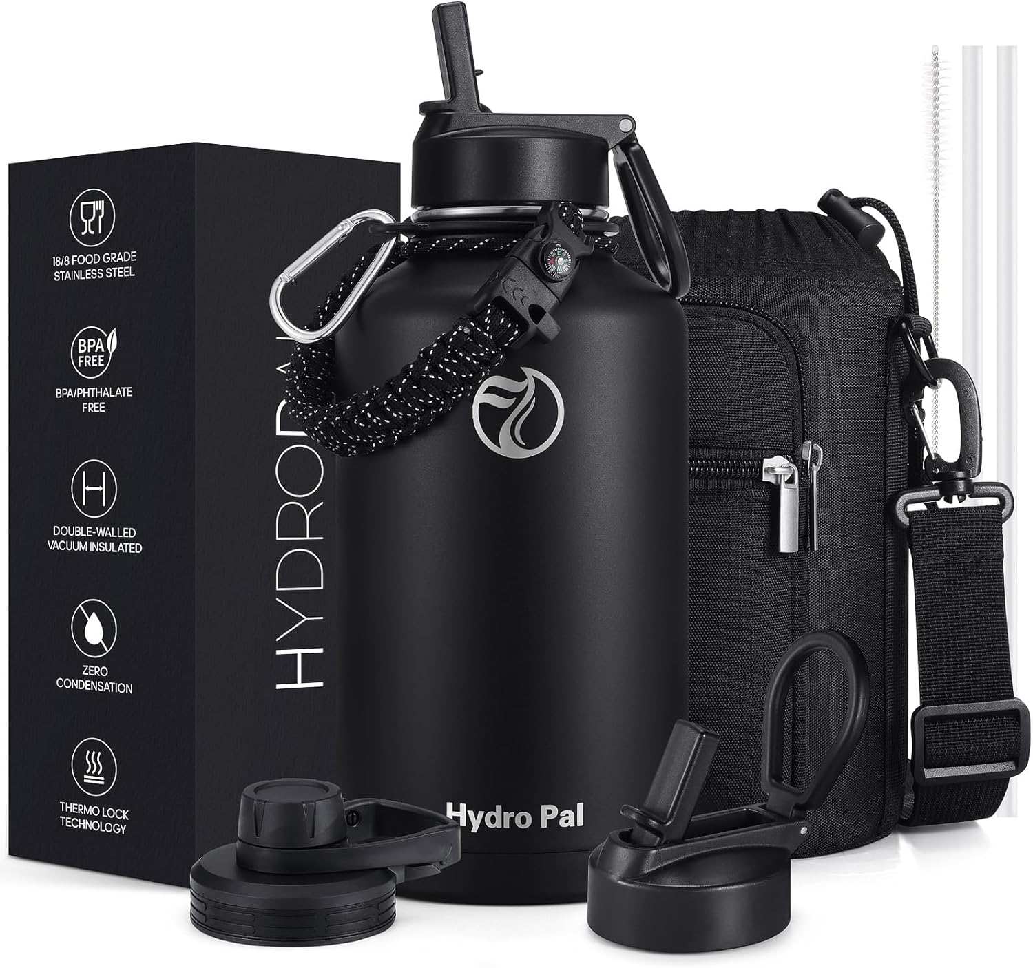 Half Gallon Water Bottle with 2 Lids(Chug Lid and Straw Lid),64oz Insulated Water Bottle with Straw, Wide Mouth Double-wall Vacuum Thermo with Paracord/Protective Carrier Boot