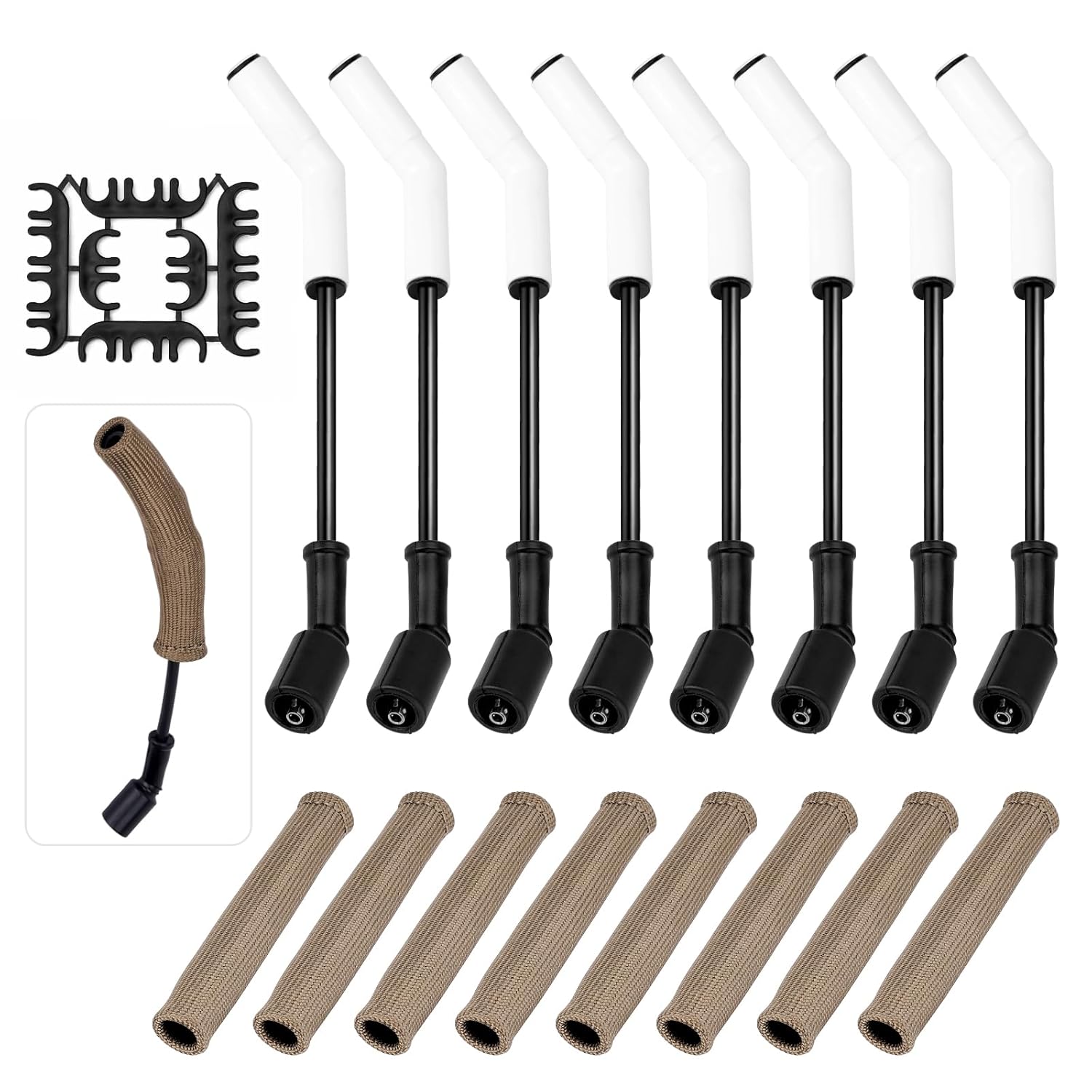 8pcs Spark Plug Wires 9070C and 2500 Degree Thermal Protection Insulator Sleeve, 9070C Spark Plug Wire with Extreme 9000 Ceramic Boot Compatible with LS Terminals LS3 LS4 LS7 LT Engines