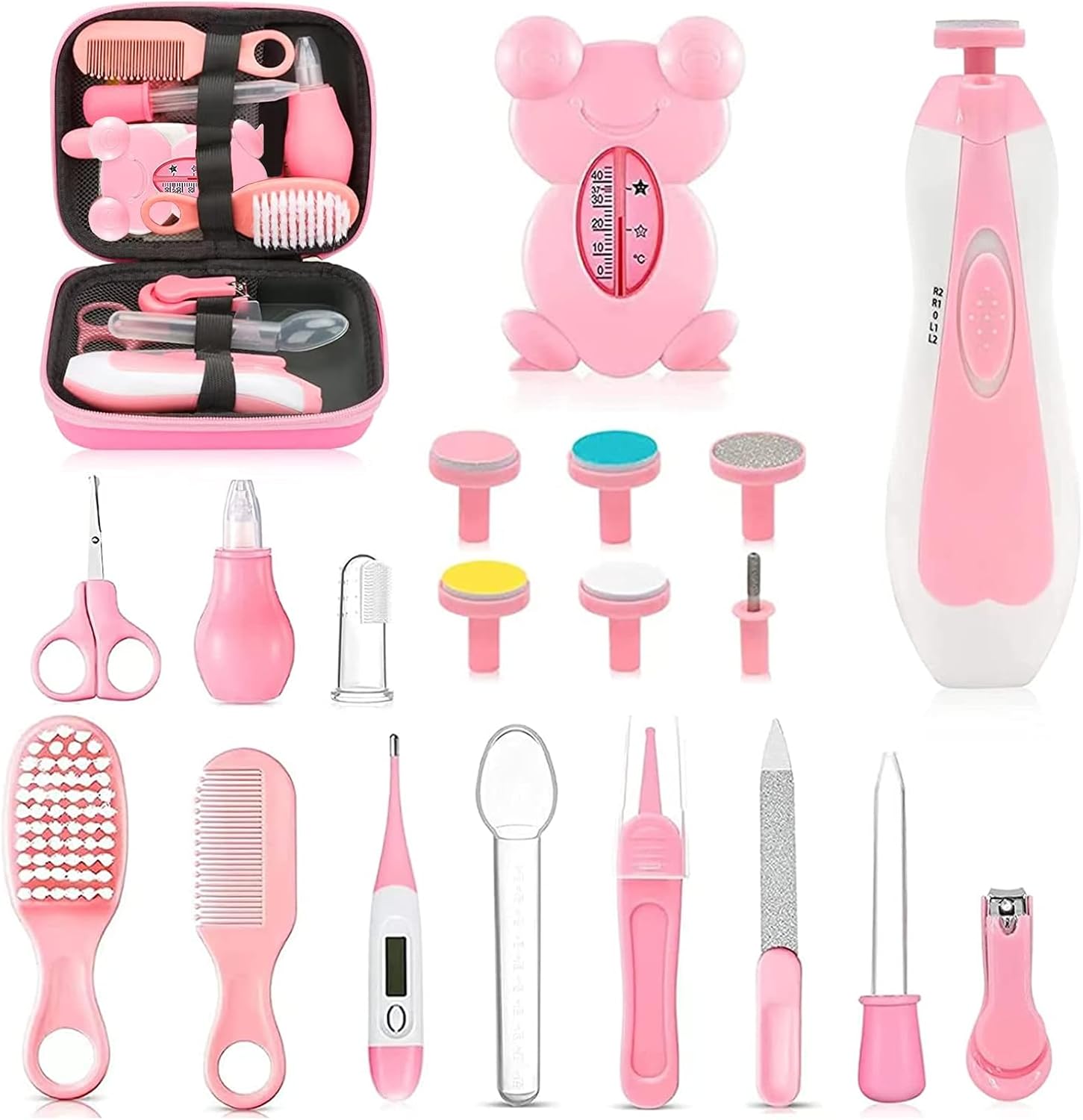 Baby Healthcare and Grooming Kit, 26 in 1 Portable Baby Safety Care Set with Hair Brush Comb Nasal Aspirator Electric Nail Trimmer Set Baby Essentials kit for Newborn Boys Girls (Pink)