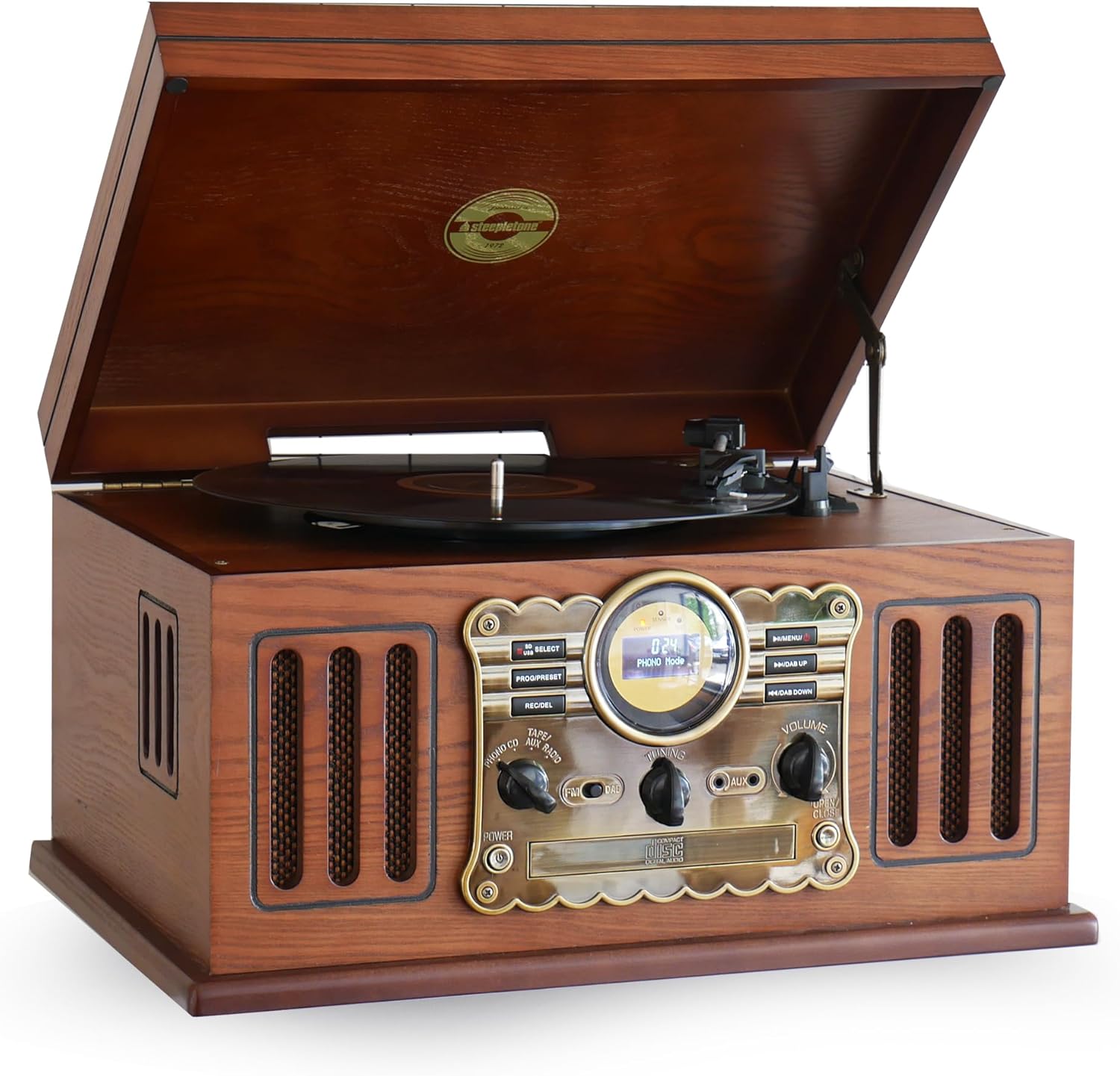 Steepletone Westminster 2018 Nostalgic DAB Radio 7 in 1 Music Centre: 3 Speed Record Player, CD Player, Cassette Player, USB/MP3 RECORDING, FM, Remote Control (Dark Wood (BLUETOOTH Version Package)