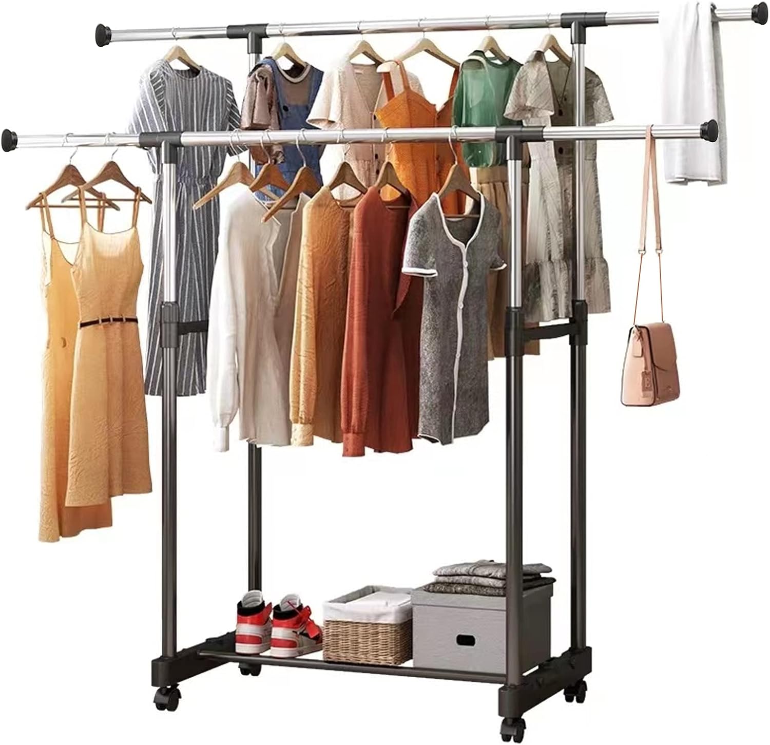 Vivo Technologies Double-rail Adjustable Tidy Rack Mobile Garment Rack Clothes Clothing Rail Stand on Castor Wheels with Hanging Rail and Storage Shelf