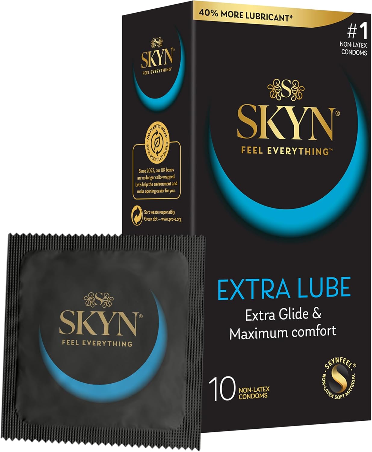 SKYN Extra Lube Condoms (10-Pack) SKYNFEEL Latex Free Condoms for Men, Regular Size, Extra Lubricated, Thin, Smooth Straight Shape, Lubricated, 53mm Wide