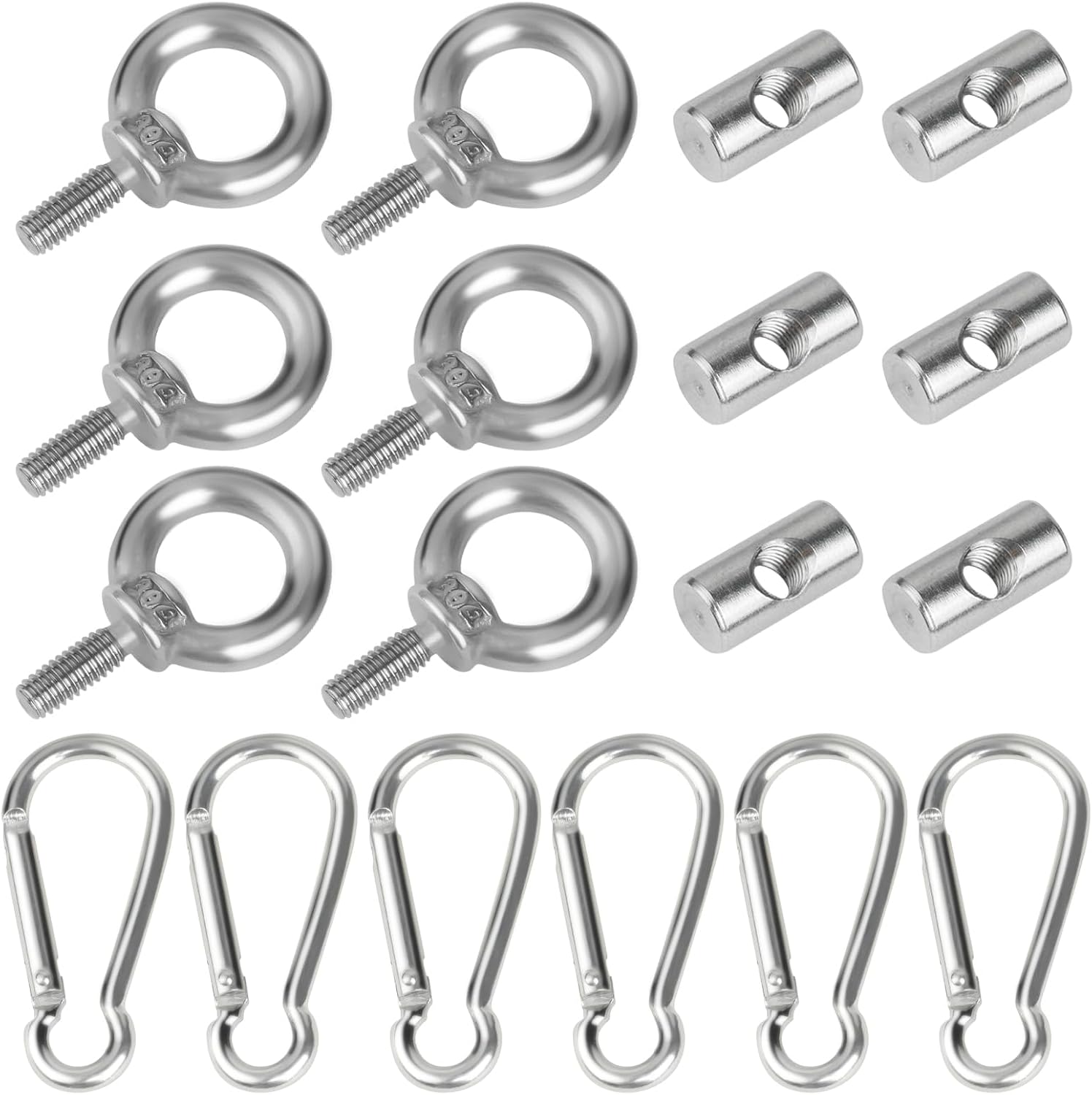 Awning Rail Stoppers, 6 PCS Stainless Steel Awning Piping Stopper 6 mm with 6 Carabiners, Multi-Function Awning Rails Hooks Lifting Eye Nut Ring M4 Blocking Kit for Caravan Campervan Motorhome