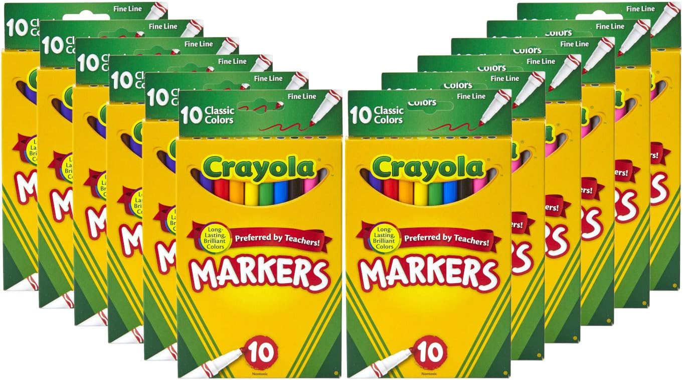 Crayola Fine Line Markers for Kids (12 Boxes), Coloring Markers for School, Bulk Back to School Supplies, Teacher Classroom Must Have, 10 Colors, 3+
