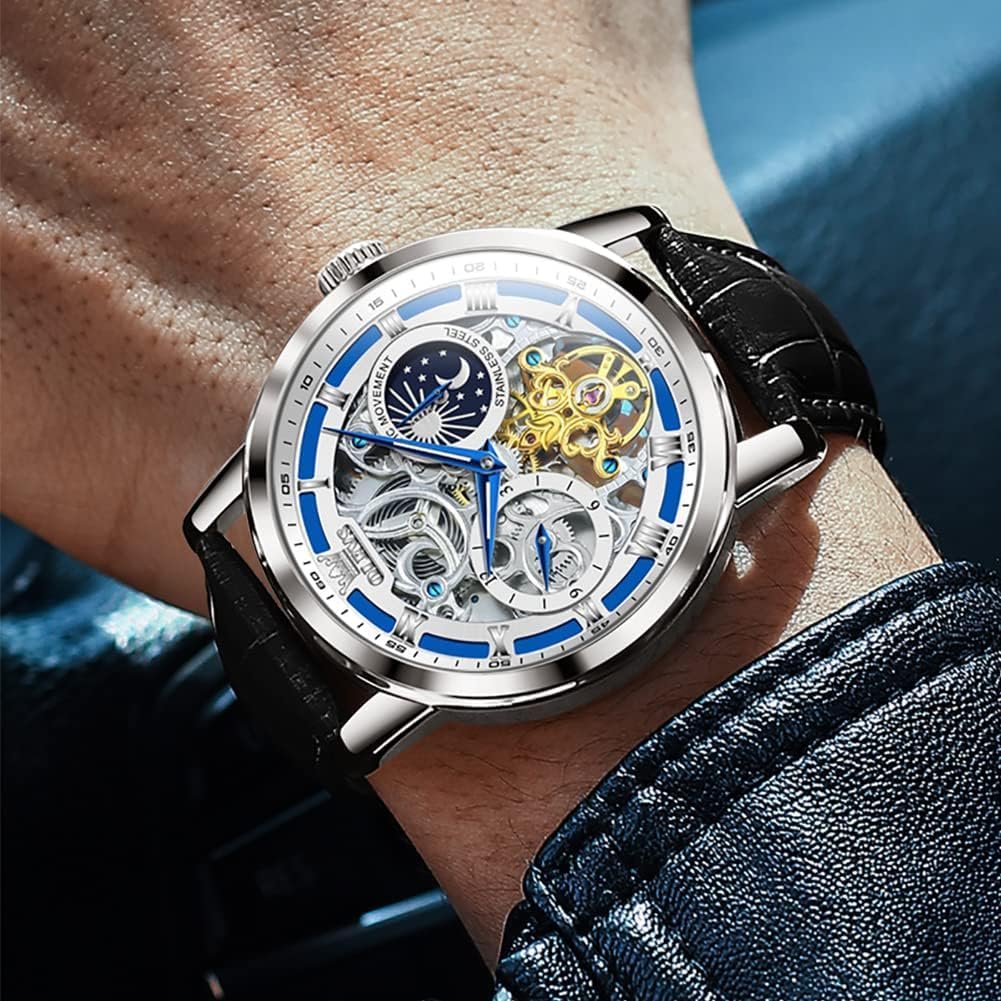 OLEVS Men Skeleton Watch Automatic Winding Moon Phase Dress Luxury Leather Strap Waterproof Luminous Men Wrist Watch