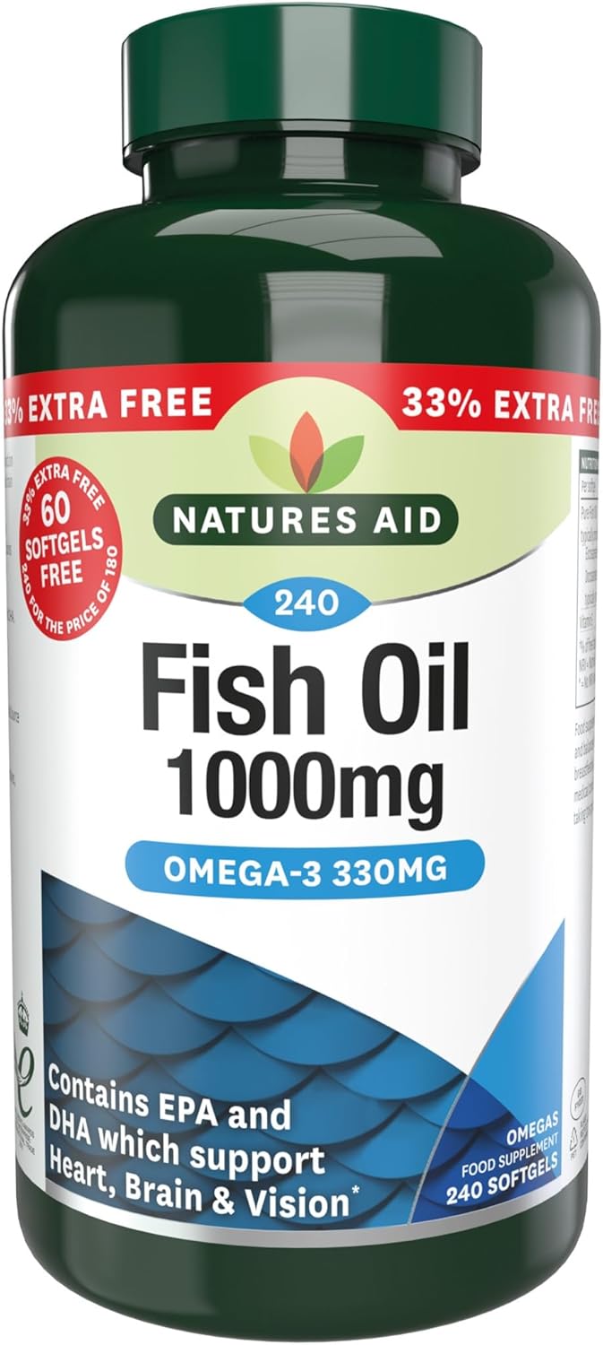 Natures Aid Fish Oil 1000mg – High Strength Omega-3 Supplement with DHA & EPA – Supports Heart, Brain Vision, Immune & Joint Health Non-GMO – High Strength Natural Fish Oil – 240 Softgel Capsules