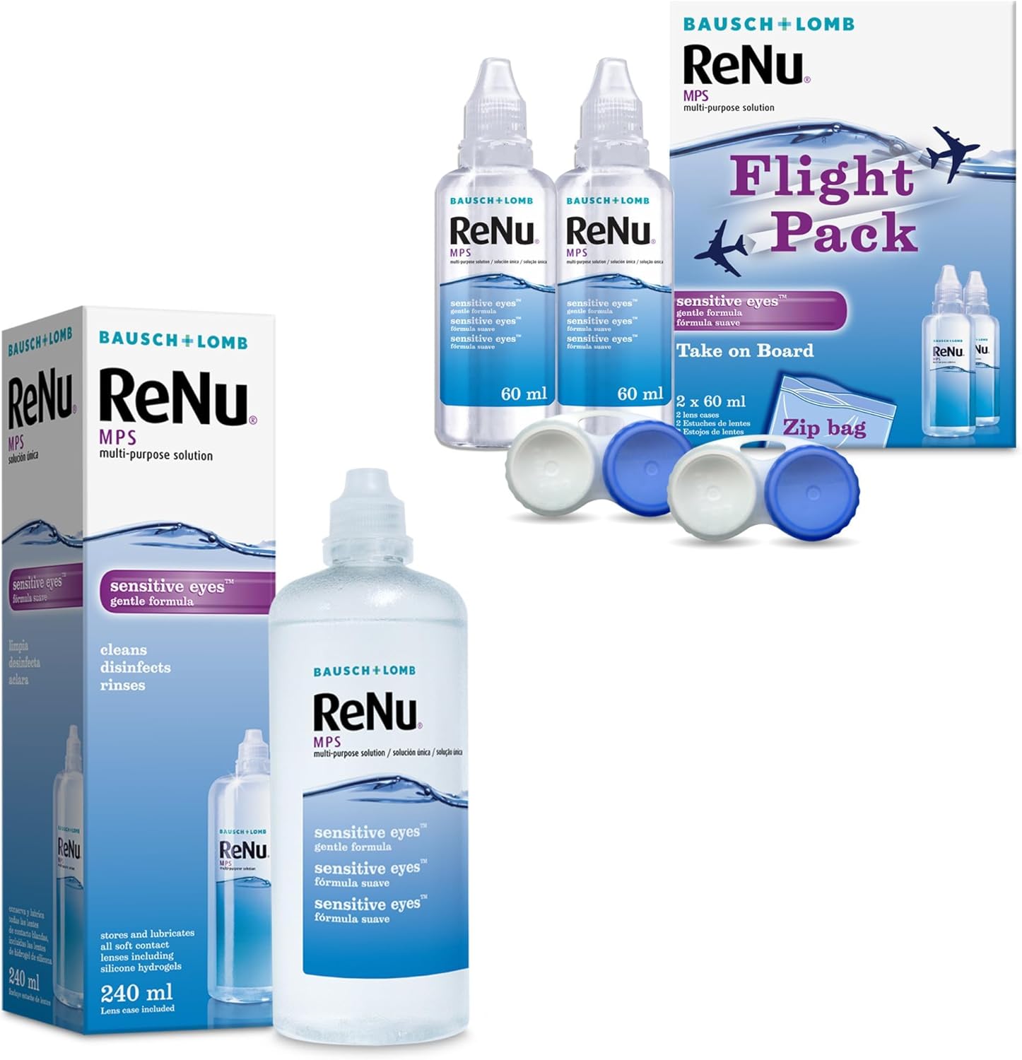 ReNu Bundle, Multi-Purpose Contact Lens Solution, 240ml, and Flight Pack, 2X 60ml, for Soft Contact Lenses for Comfortable Wear, Clean, Disinfect, Rinse, Lubricate and Store Your Lenses