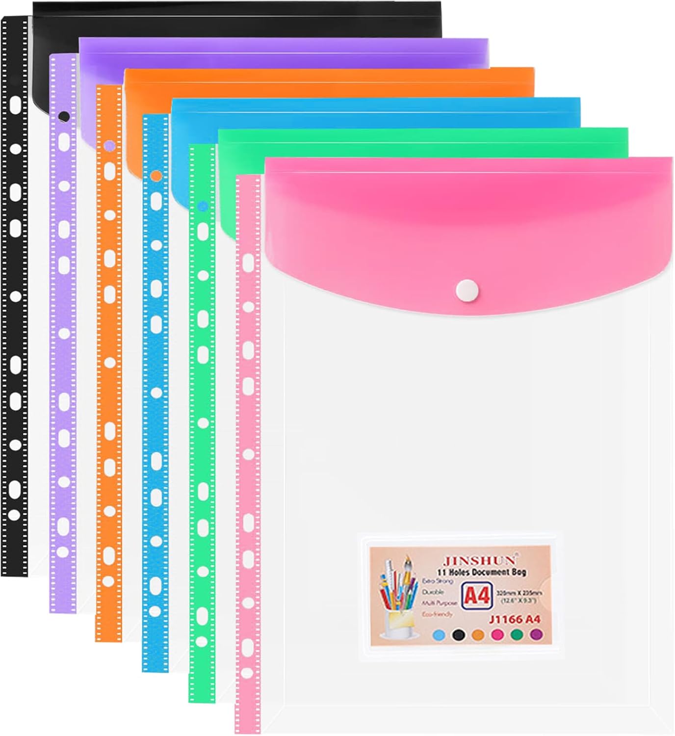 6 Pack Multicolor Punched Pockets A4 Plastic Wallets, 11 Holes Expandable Large Capacity Binder Pocket with Snap Button and Label Pocket, Plastic Envelope File Folders for School Home Office (6)