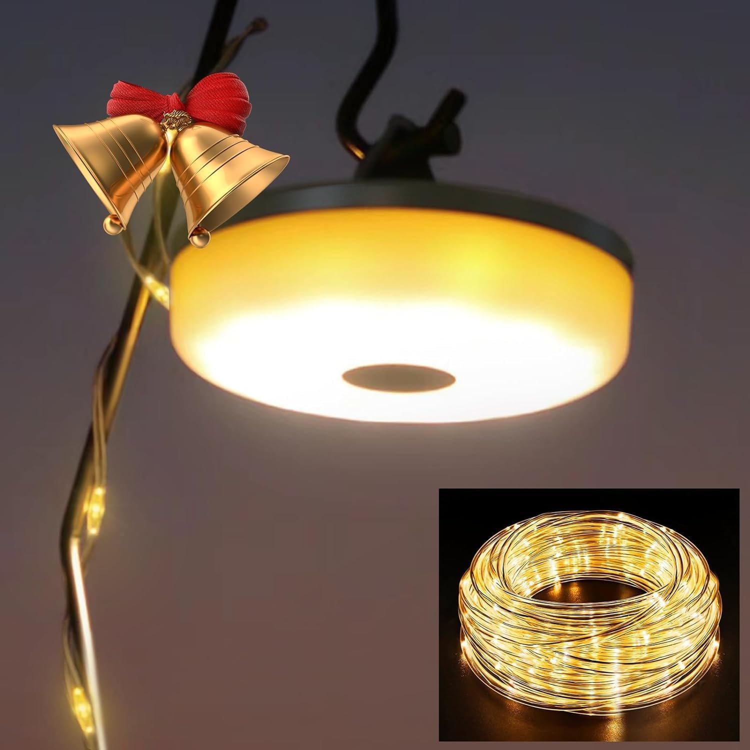 HAMLITE Camping String Lights,2 in 1 Outdoor Waterproof Portable Stowable String Light with 5 Lighting Modes(32.8Ft), USB Camping Lights, Rechargeable Tent String Lights for Yard, RV, Camping,Tent