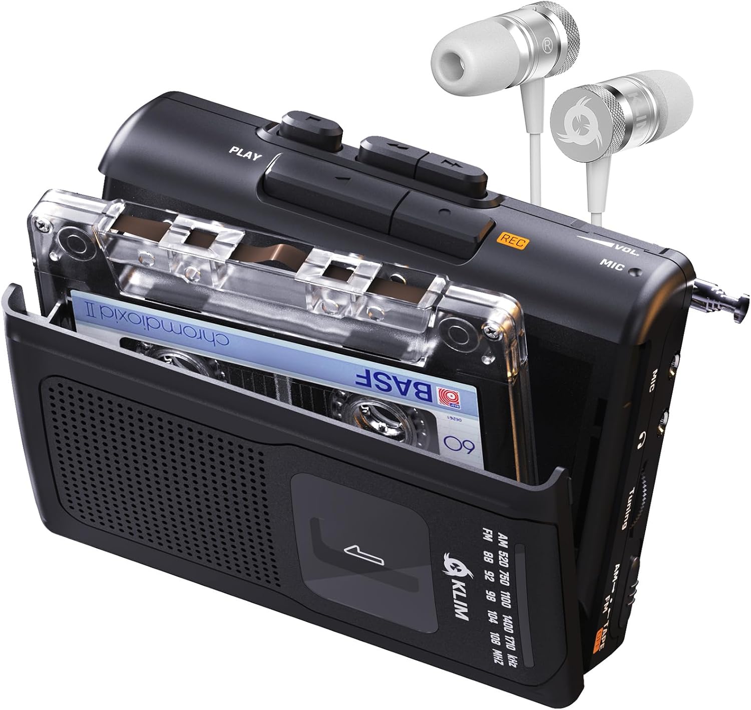 KLIM K8 Cassette Tape Player Portable with Fusion Headphones - Cassette Recorder - NEW Version - AM/FM - Built-in Microphone & Speaker - Headphone Jack & Earphones - Black