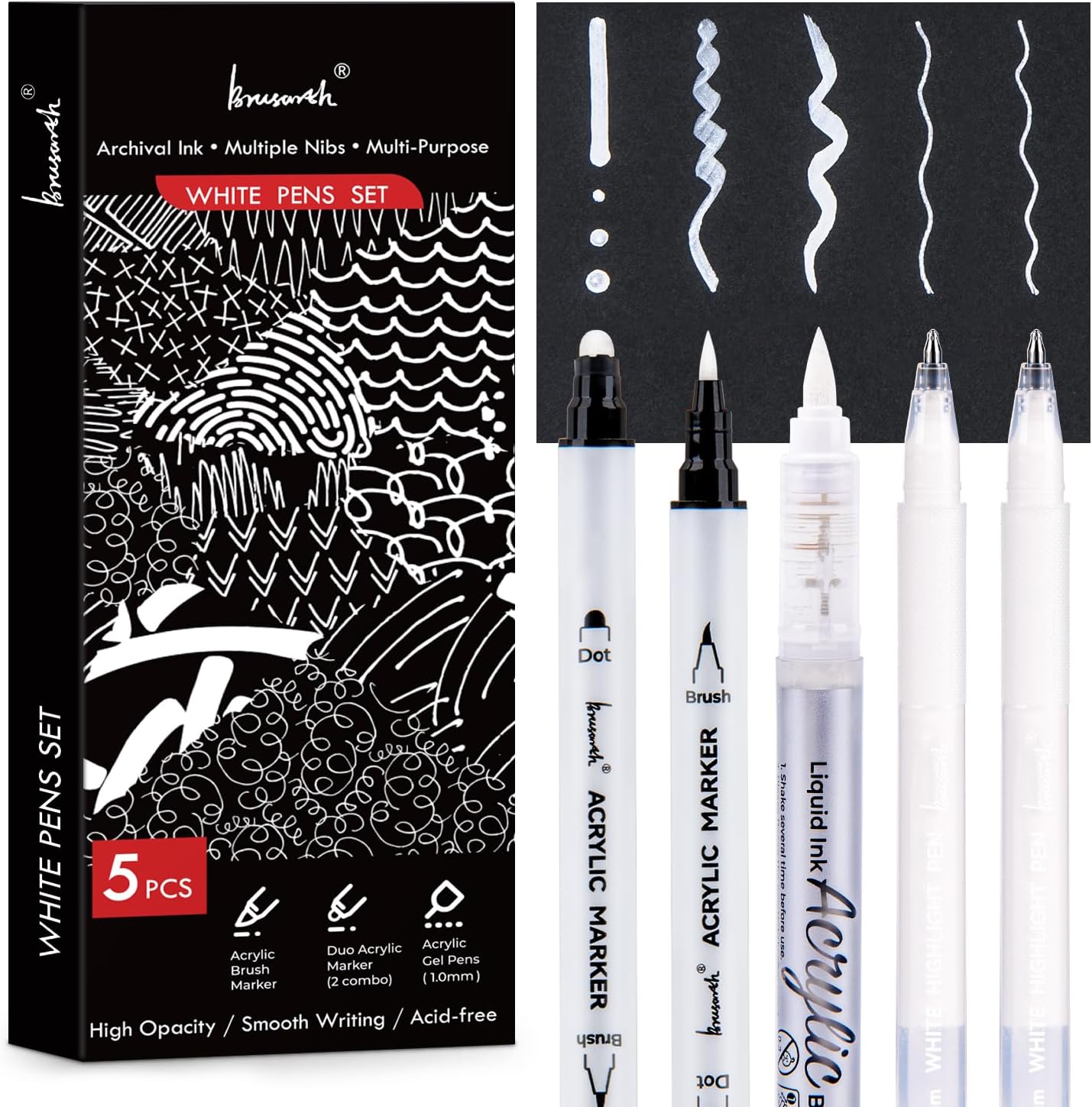 White Pens Set, 5 Pack, 1mm White Gel Pens, Dual-Tip Acrylic Paint Pen, Brush Tip Acrylic Markers for Black Paper Drawing, Sketching, Illustration, Card Making, Bullet Journaling