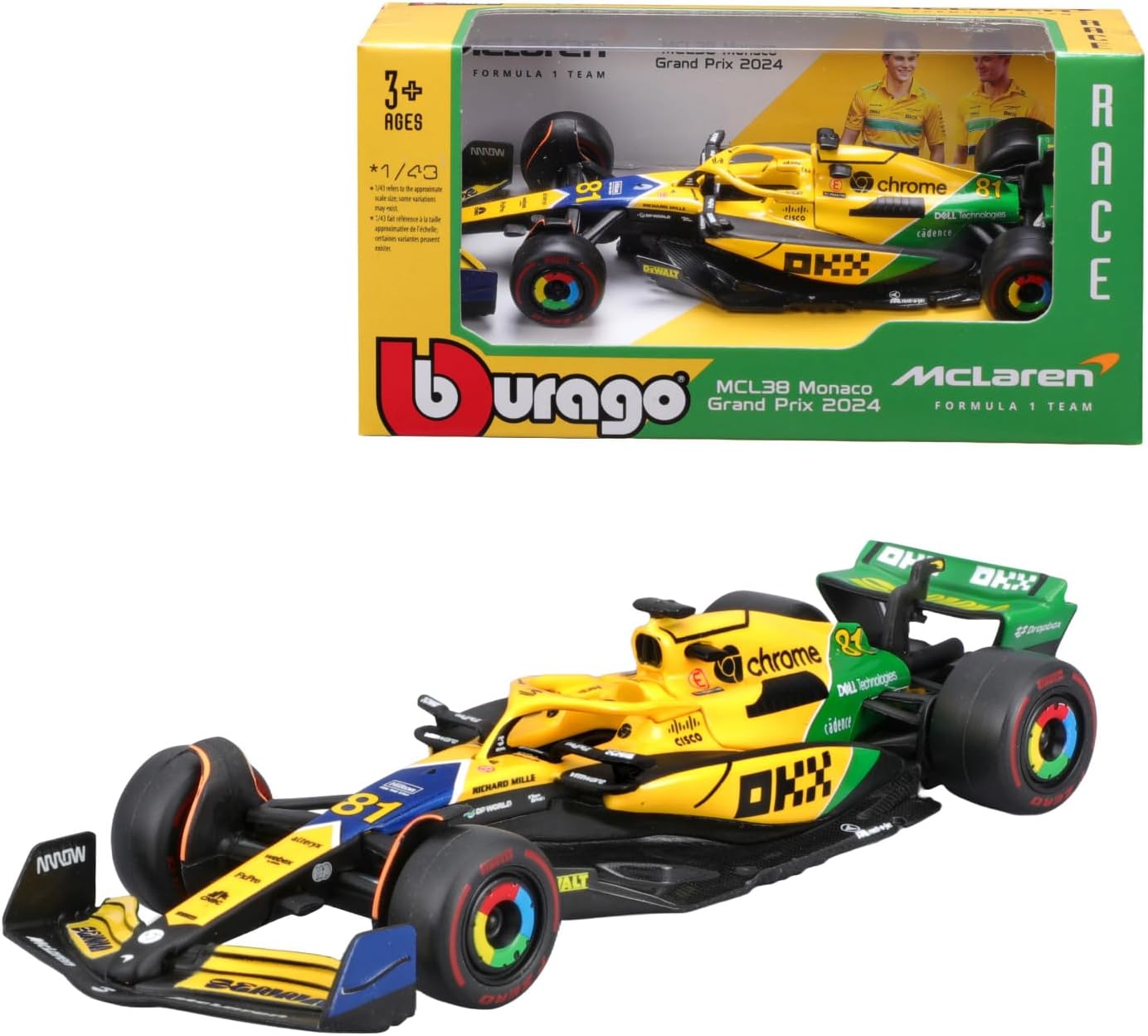 Bburago F1 Formula 1 MCLAREN MCL38 (2024) - PIASTRI - SENNA LIVERY - 1:43 Scale - Incredibly Detailed Die-Cast Replica Collectible Race Car Model, Multiple Colours
