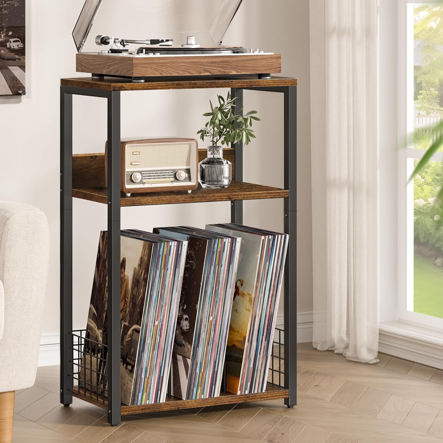 LELELINKY Large Brown Record Player Stand, 3 Tier 18" Wide Big End Table with Vinyl Storage Up to 130 Albums, Industrial Turntable Printer Tables, Modern Side Tables for Living Room, Bedroom, Office