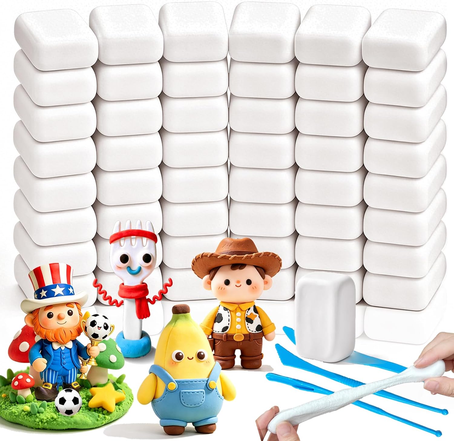 50 Pack White Air Dry Foam Clay,1.3lb Moldable Soft Lightweight Clays with 3 Pcs Sculpting Knives for Kids,Art Craft Supplies,School Rewards
