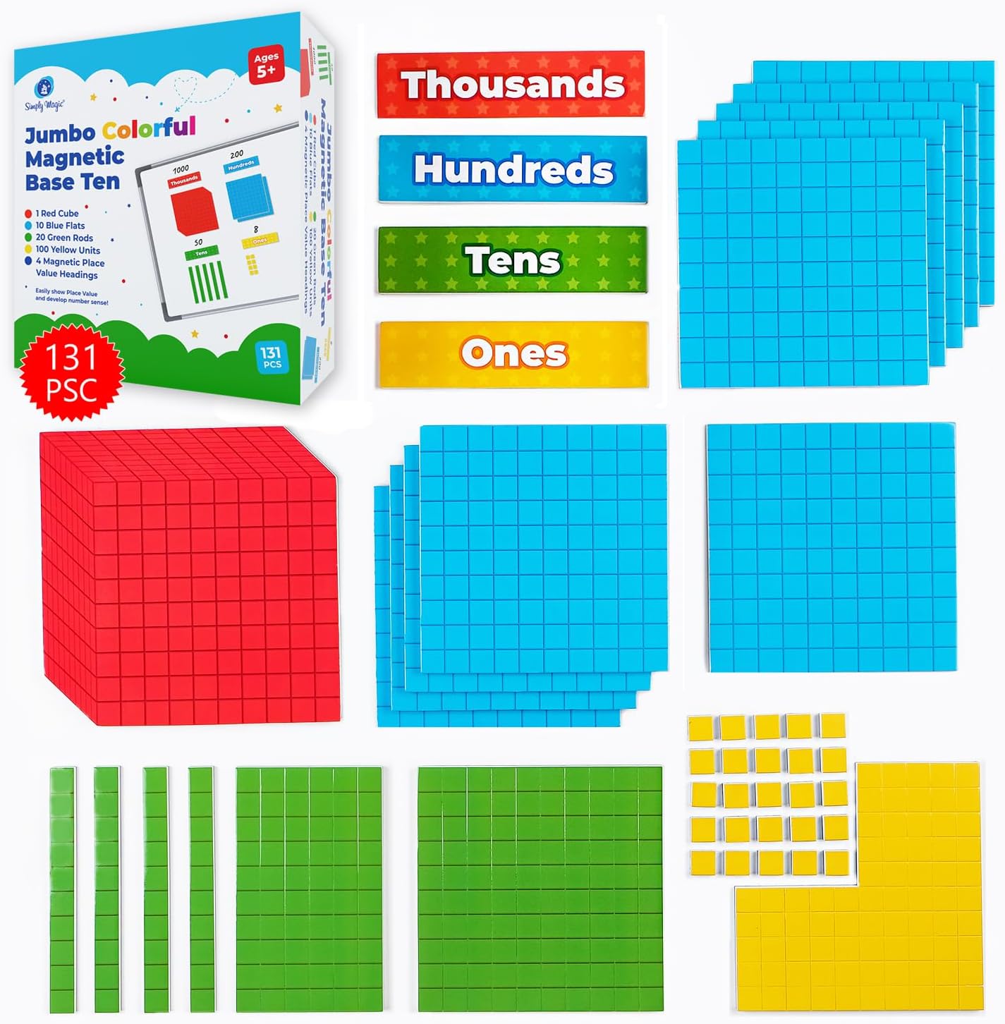 Simply magic 131+4 PCS Jumbo Colorful Magnetic Base Ten Blocks for Math + Headings - Place Value Manipulatives Magnets, Math Manipulatives, Base 10 Blocks, Counters for Kids, Classroom Must Haves