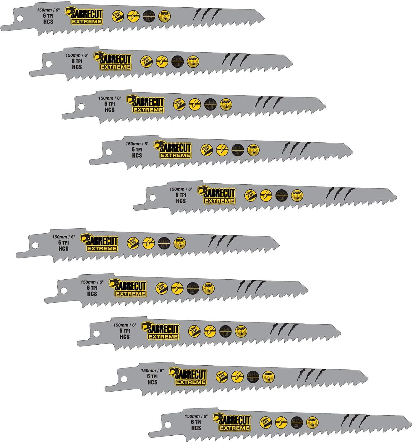 10 x SabreCut SCRS644D_10 150mm 6 TPI S644D Fast Wood Cutting Reciprocating Sabre Saw Blades