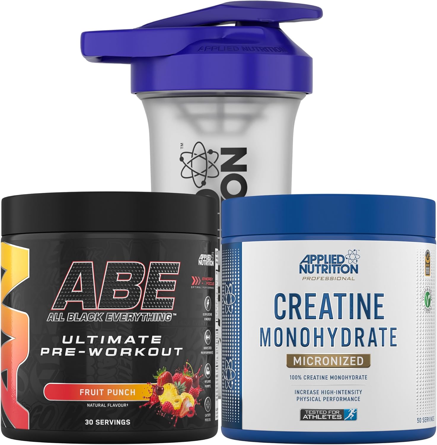 Applied Nutrition Bundle ABE Pre Workout 375g + Creatine 250g + 700ml Protein Shaker | All Black Everything Pre Workout Powder, Energy & Performance with Creatine, Beta Alanine (Fruit Punch)