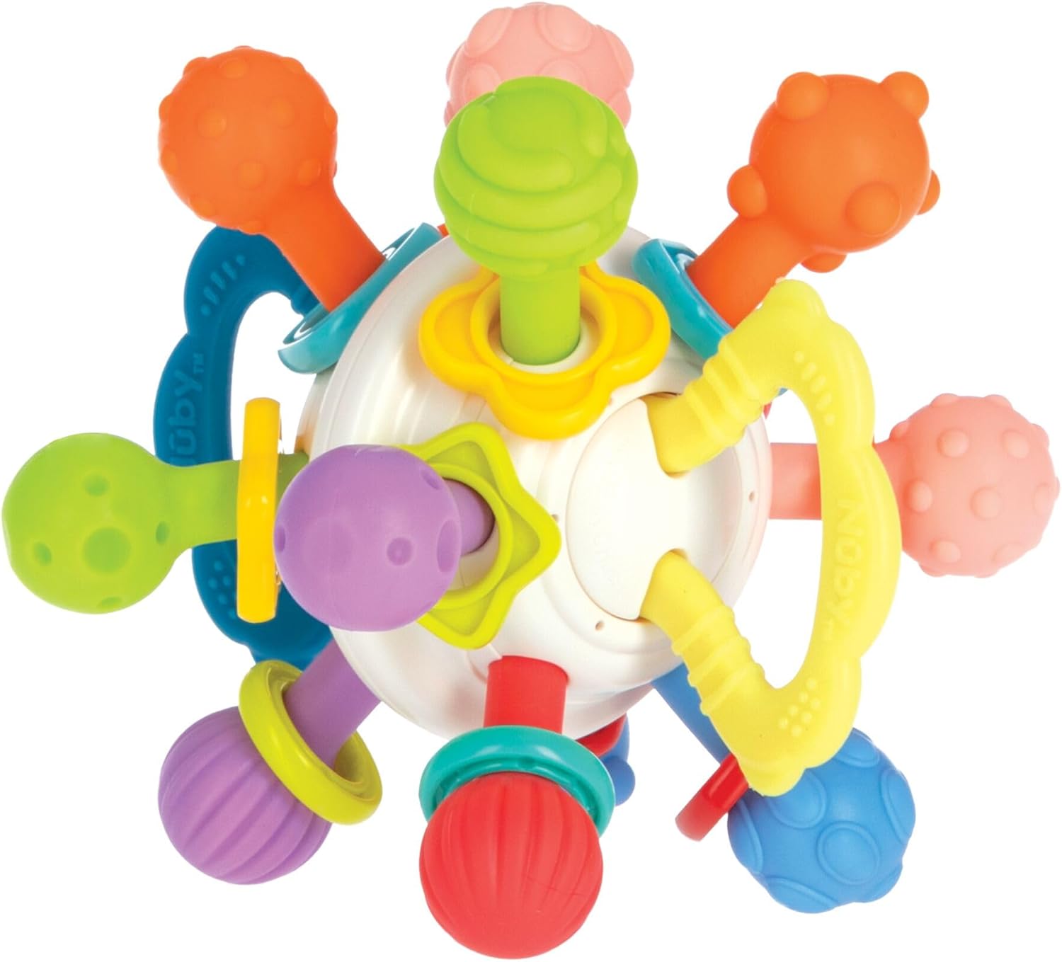 Nuby Twist Ball Teether Activity Toy with Rattle and Fun Bright Colors - Montessori Sensory Toy Develops Fine Motor Skills - 3 + Months