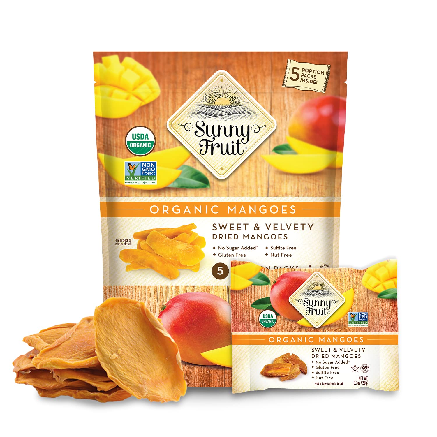 Sunny Fruit Soft Organic Dried Mangoes - 1 Bag (5 Individual Portion Packs) | No Preservatives, No Sugar Added | Healthy, Convenient Snack Packs | NON-GMO, VEGAN, HALAL, KOSHER, NO SULFIDES