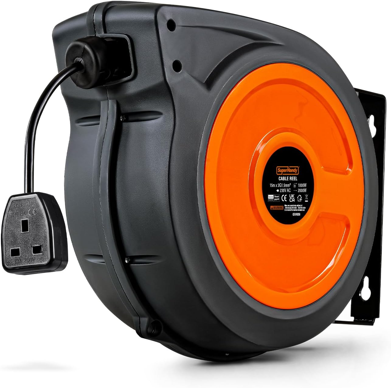 SuperHandy Retractable Extension Cord Reel 15m x 3G1.5mm² H05VV-F Industrial Polypropylene Ultra Heavy Duty Commercial Premium Grade Ultra Flexible Cable