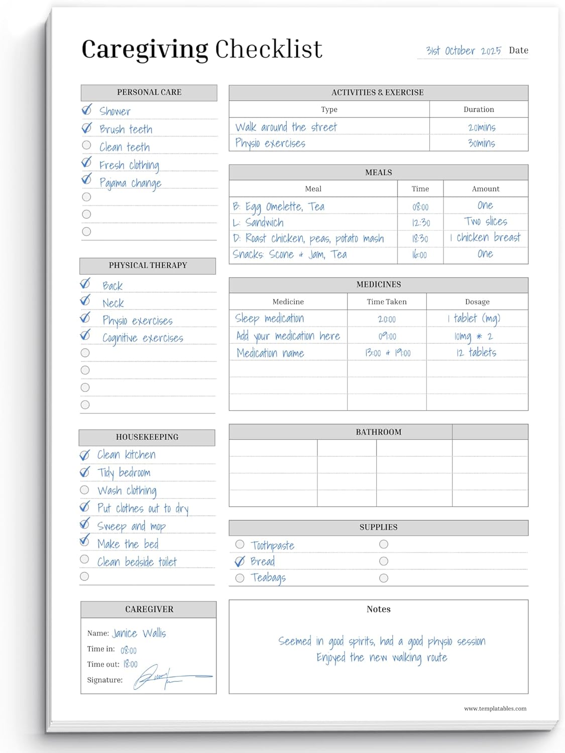 Caregiver Checklist Notepad | Track Personal Care, Medications, Activities, Meals & More for the Elderly | 50 Premium 120gsm Sheets for Daily Care & Management | Mono