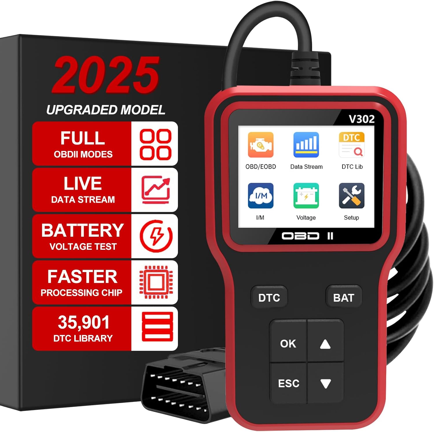 OBD2 Scanner Car Engine Fault Code Reader Wired ODB2 OBD Diagnostic Scan Tool for Check Engine Light, View Freeze Frame, Live Data, EVAP System Test V302 for 9 OBDII Protocol Vehicles Since 1996