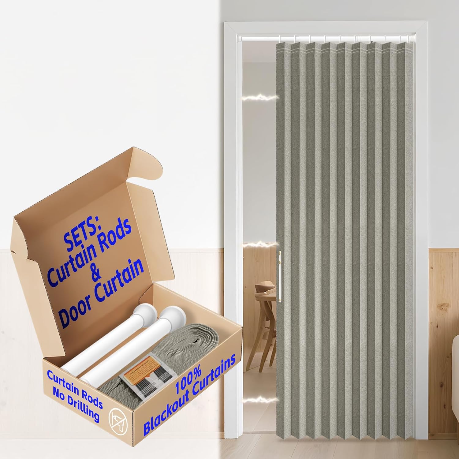 AJAZZ Blackout Accordion Doors with Curtain Rods Adjustable 28-39" Long Interior Invisible Folding Door for Bedroom Living Room Doorway Curtain Sets (1 Pack, 42 W x 78 L, Grey)