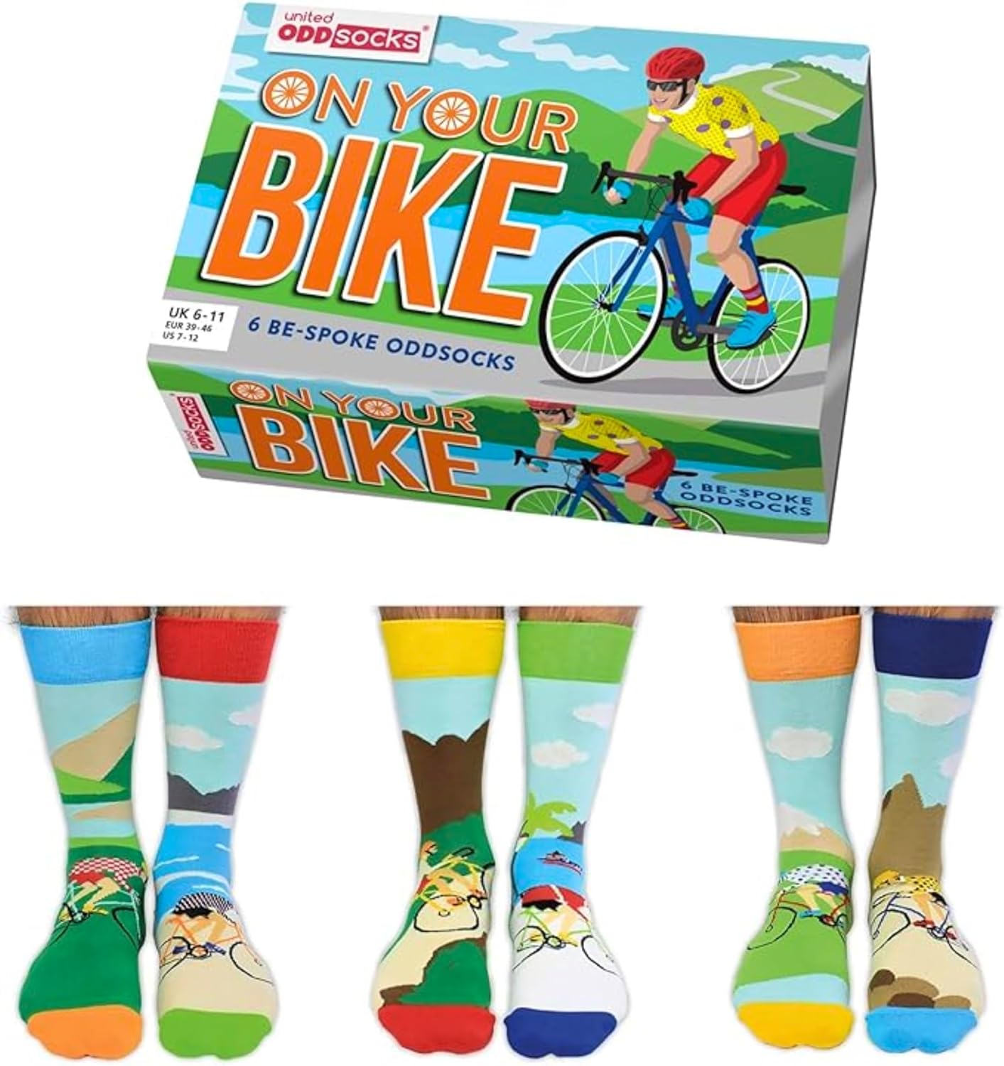 United Oddsocks On Your Bike Box of 6 Odd Socks for Men,UK 6-11 | EUR 39-46 | US 7-12. Fun and Quirky Birthday,Christmas,Father's Day Gift for Men