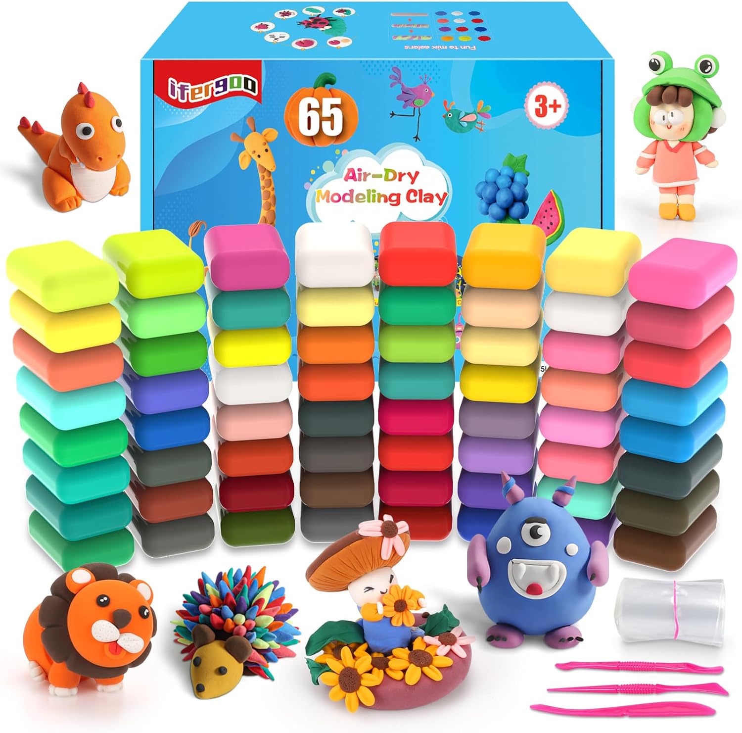 iFergoo Air Dry Clay, 65 Colours Modelling Clay for Kids, Safe and No-Toxic Modeling Clay & Dough, Soft & Stretchable DIY Magic Clay with Tools, Children Boys Girls Toys Gifts