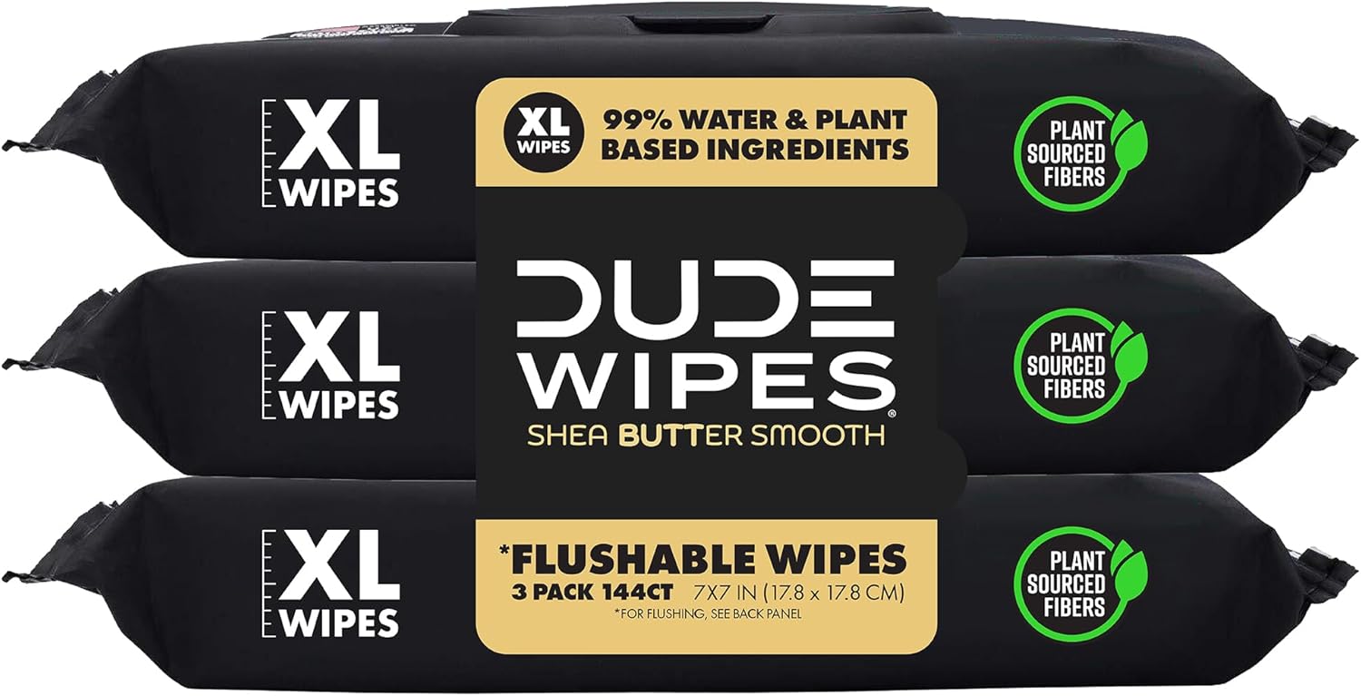 DUDE Wipes Shea BUTTer Flushable Wipes - Extra-Large Adult Wet Wipes - 3 Pack (144 Count) - Infused with Coconut Oil, Vitamin E, and Aloe - Septic and Sewer Safe