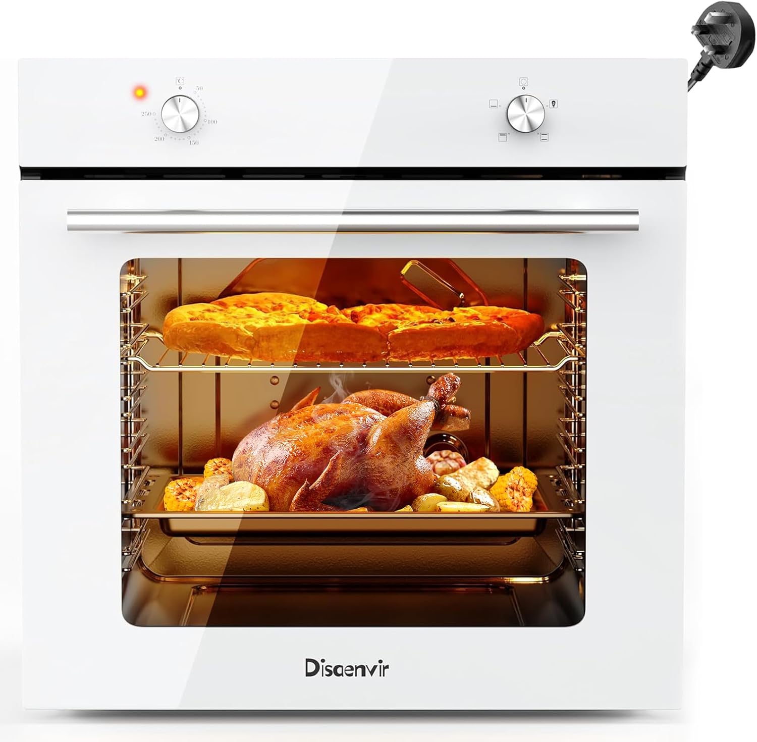 Disaenvir Electric Single Oven Built-in Integrated White, Installed Size 60 cm, 65L 2.2kW with Plug, Timer, 4 Functions, with Grill & Enameled Baking Tray,3D Hot Air Baking, Heat Protection Glazing