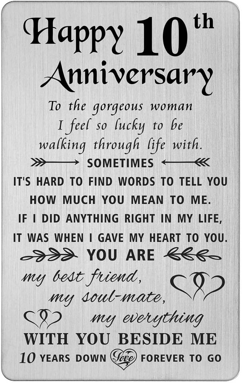 TANWIH 10 Year Anniversary Card Gifts for Women Her, Happy 10th Wedding Anniversary Cards for Wife, Engraved Metal Wallet Insert