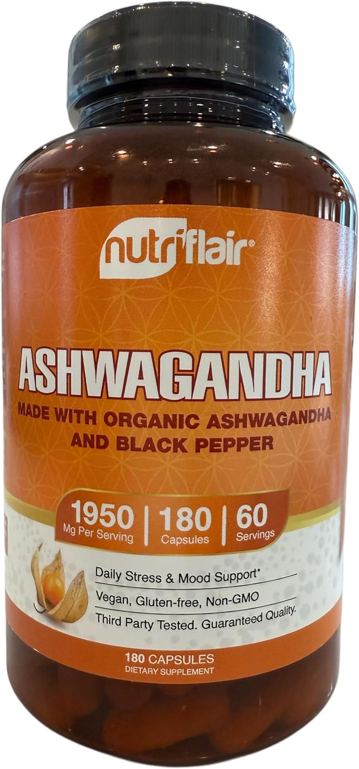 NutriFlair Organic Ashwagandha Root Extract - with Organic Black Pepper - Stress and Mood Support - Powerful Adaptogenic Benefits and Overall Health - Made in USA