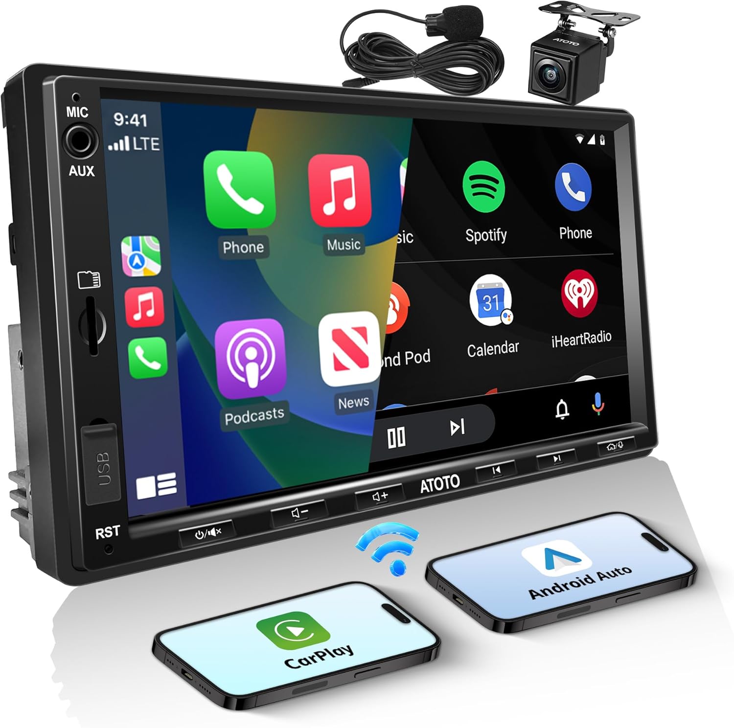 Double Din Car Stereo with Backup Camera, 7inch Wireless CarPlay Touch Screen in-Dash Video Receivers, Wireless Android Auto, Bluetooth 5.3 Car Play Radio, FM/AM/USB/AUX, MirrorLink