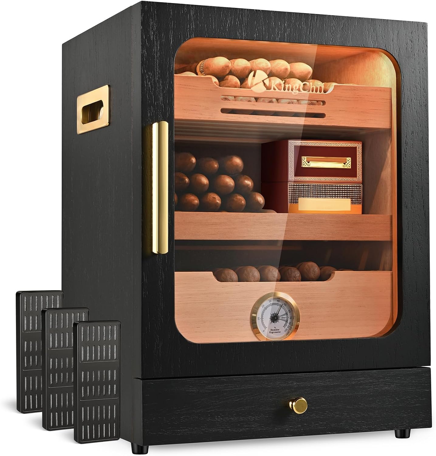 Cigar Humidor, Light Control System with Spanish Cedar Wood Drawer, Hygrometer, 3 Humidifiers and Cigar Accessories Drawer, for Men, Holds 100 Cigars (Black)