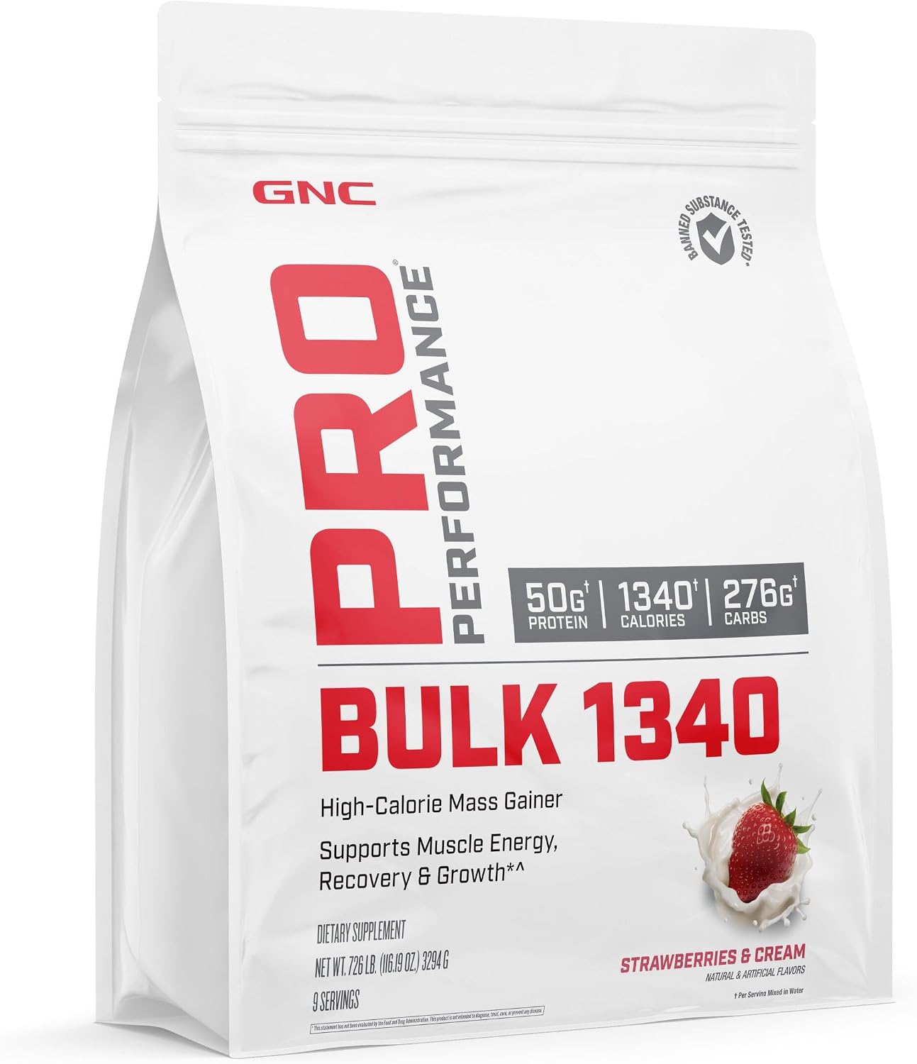 GNC Pro Performance Bulk 1340 Mass Gainer Protein Powder, 50g of Protein, Gluten Free, Whey, Creatine, BCAA, 3rd Party Tested, Muscle Recovery, Micronutrients, Strawberries & Cream, 9 Servings