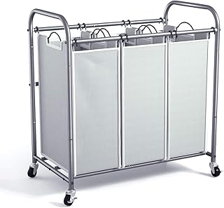 ROMOON Laundry Sorter, Laundry Basket Hamper 3 Section with Heavy Duty Rolling Lockable Wheels and Removable Bags, Laundry Organizer Cart for Dirty Clothes Storage, Grey