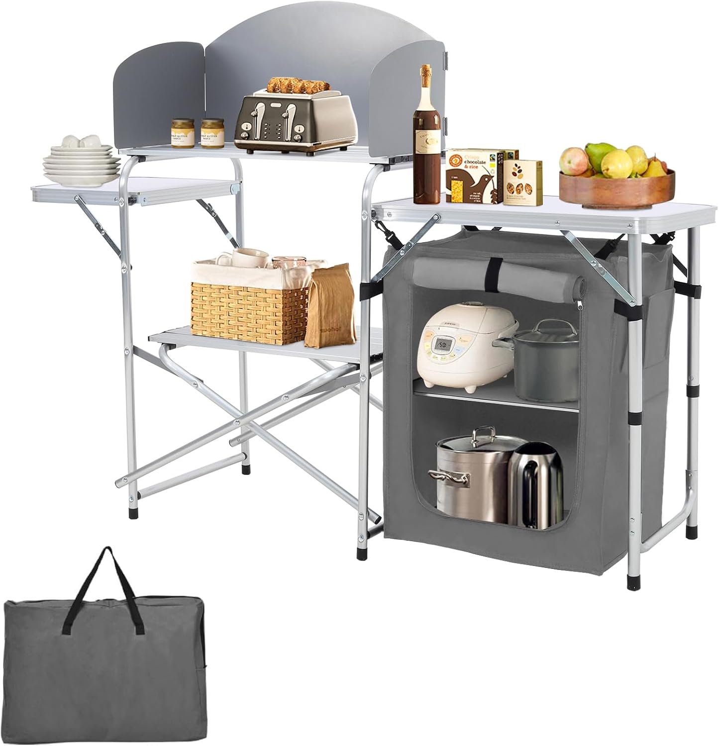 Warmiehomy Folding Camping Storage Unit Portable Camping Kitchen Unit Camping Cupboard with Aluminium Frame, Grey #5,111 x 147 x 46 cm