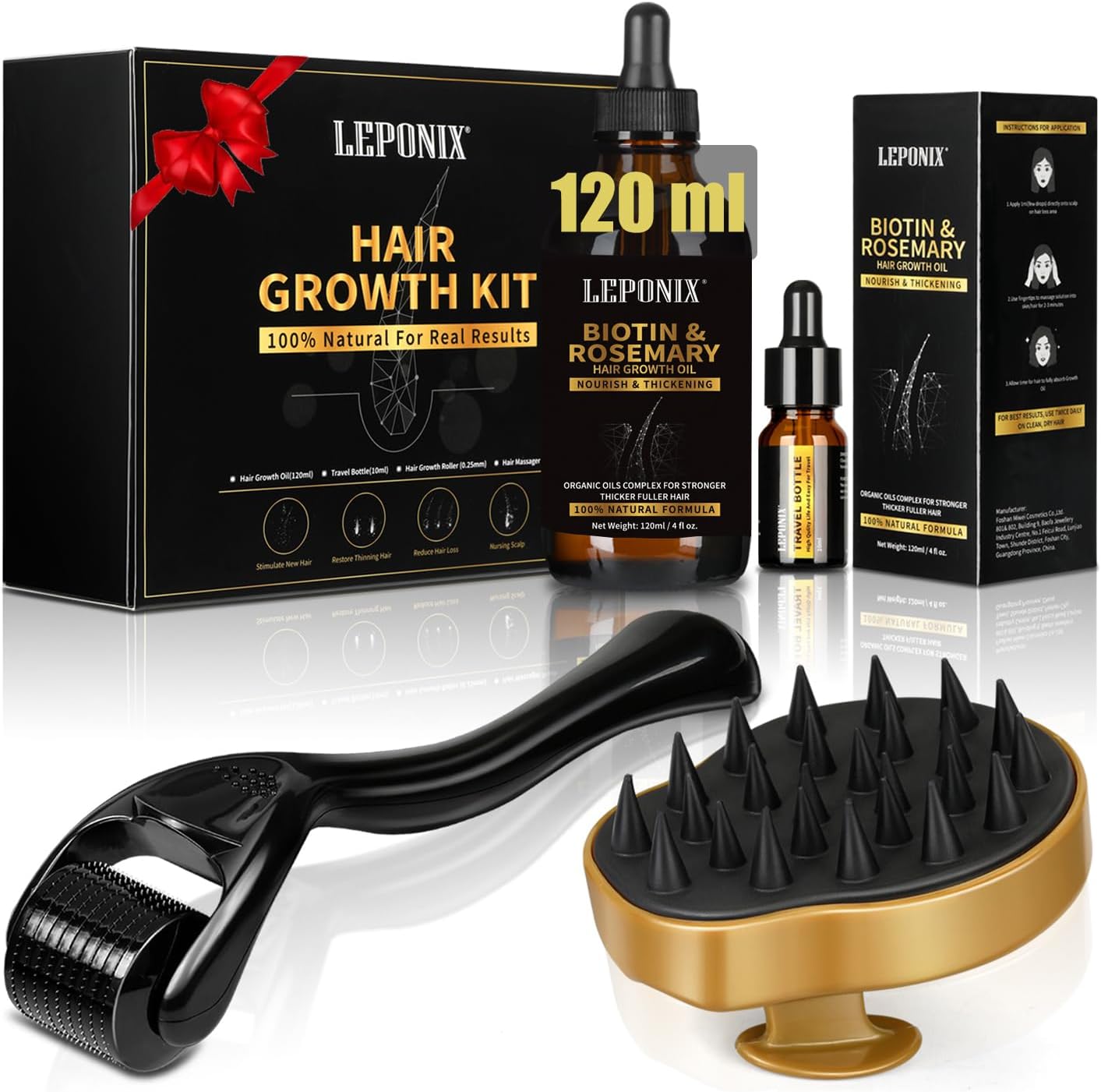 Rosemary Oil for Hair Growth, 120ml Diluted Rosemary Oil Hair Growth Serum with Derma Roller & Scalp Massager Hair Thickening Products Hair Loss Treatment for Men Women, Stocking Fillers