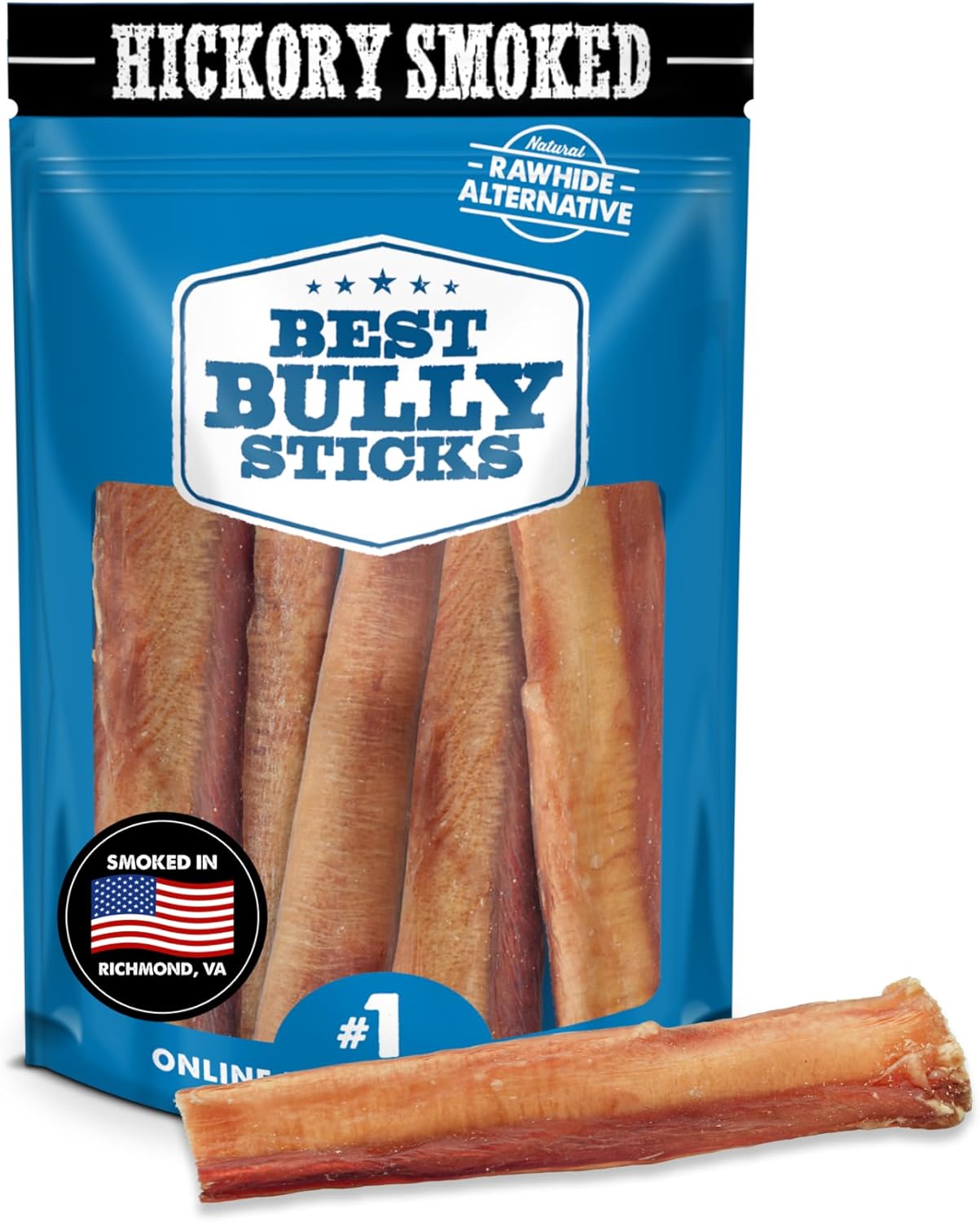 Best Bully Sticks Hickory Smoked Thick 6 Inch Bully Sticks - 5 Count (Pack of 1) - Natural, Grain and Odor-Free, Smoky Aroma, No Additives, Grass-Fed
