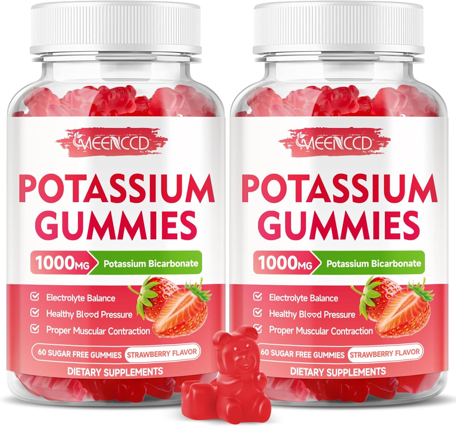 2 Pack Potassium Gummies 1000mg, Potassium Bicarbonate Supplement for Adults & Kids, Potassium Supplement for Electrolyte Balance & Muscle Heath, Sugar-Free, Strawberry Flavor, 120 Count
