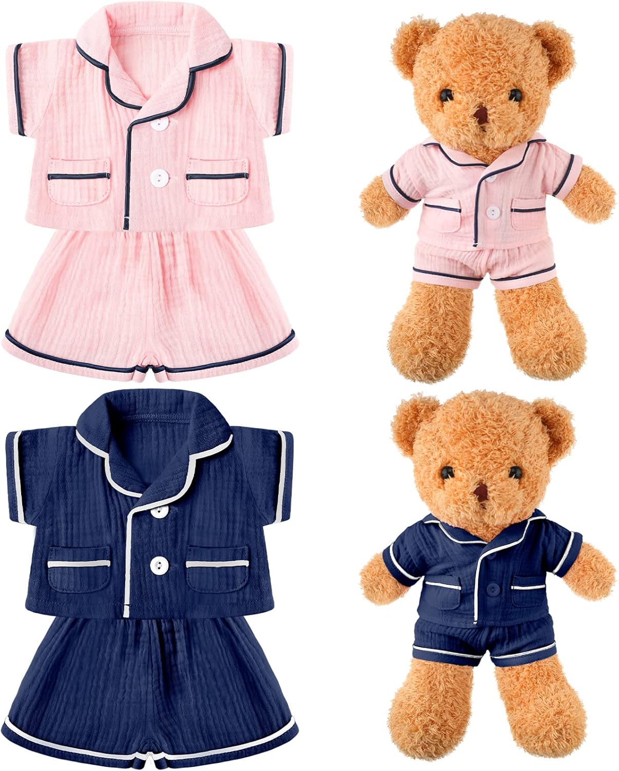Hungdao 2 Sets Bear Clothes Stuffed Animal Accessories Pink and Blue Bear Pajamas Clothes Double Layer Muslin Short Sleeve Top and Bottom Pajamas Fits Most 14-18 Inch